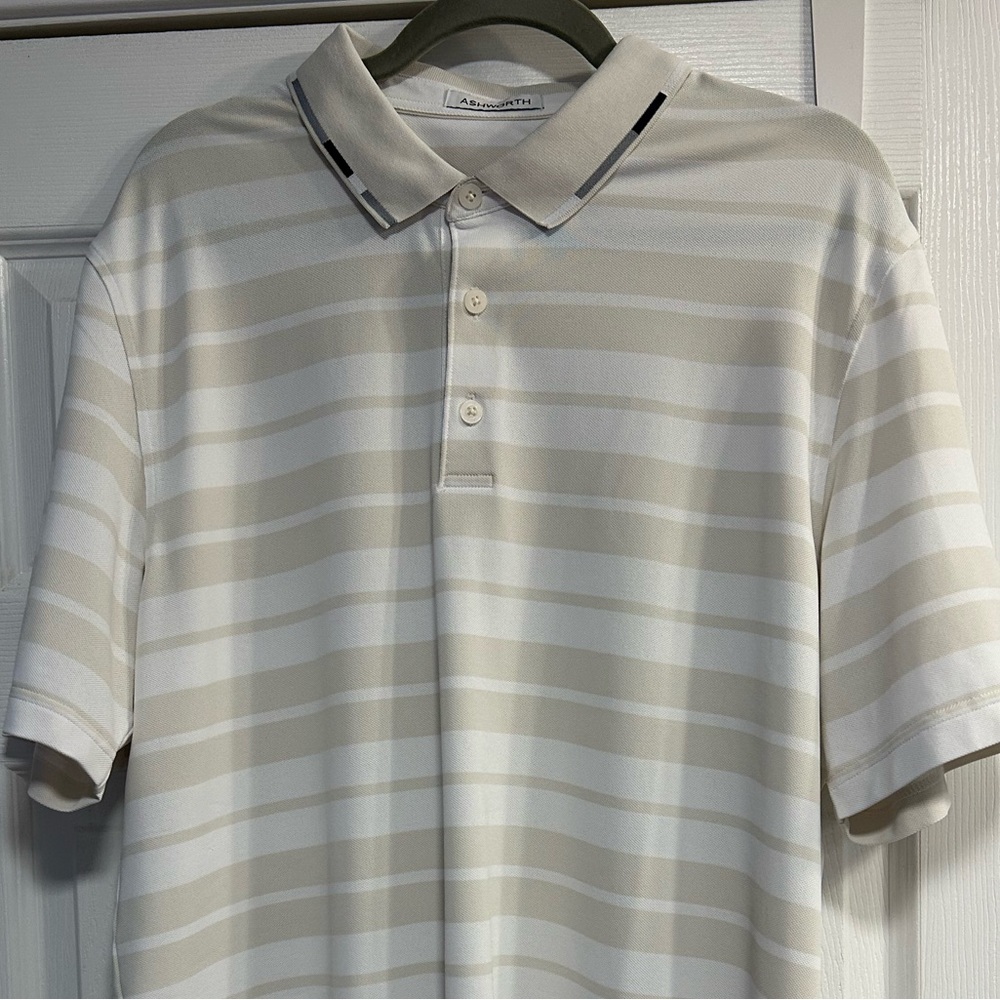 Ashworth Men's Polo Shirt - Beige and White Stripes